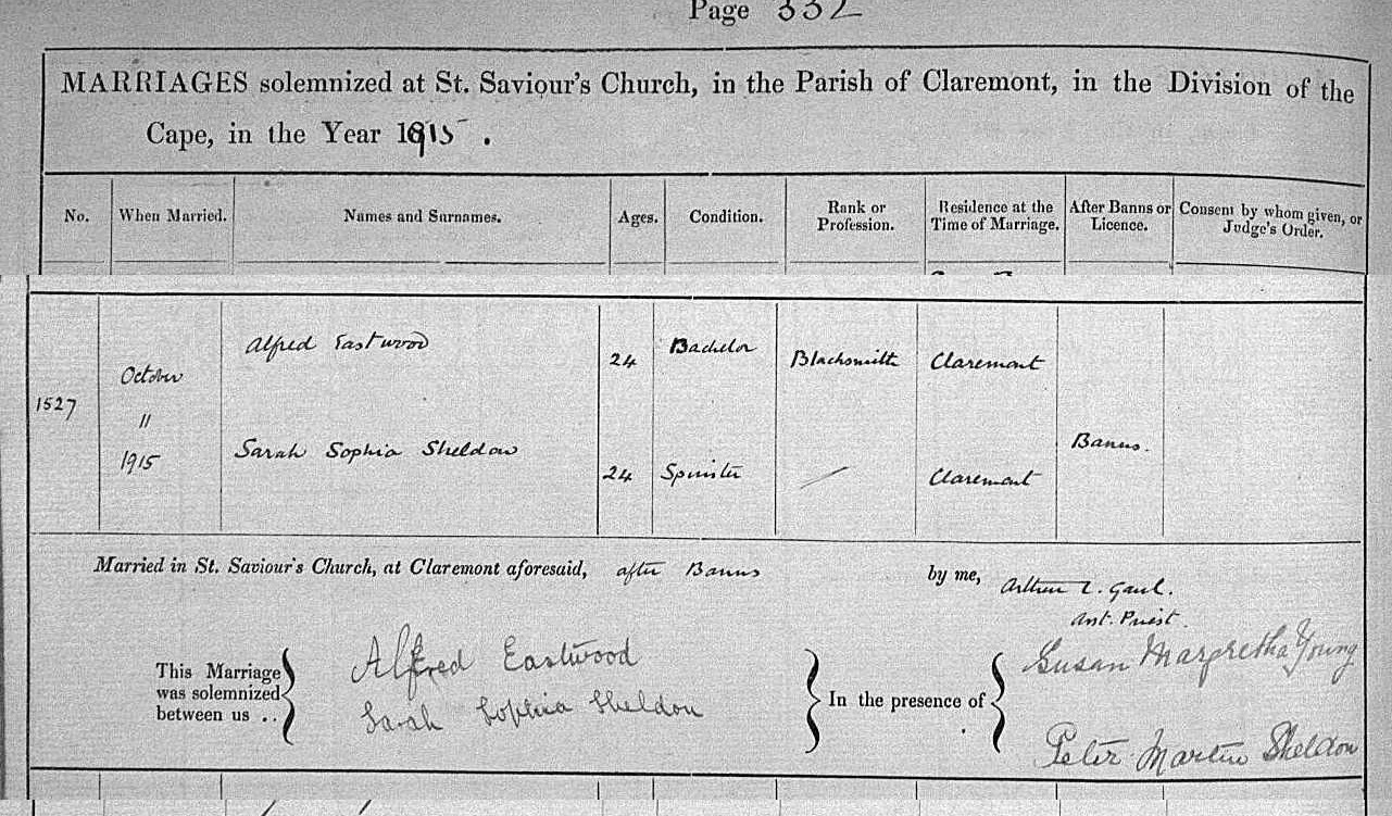 Alfred Eastwood marriage cape town 1915